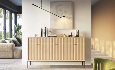 Komoda z szufladami Lovro 154 cm dąb vicenza designerska komoda z dekoracyjnymi ryflowanymi frontami doskonała propozycja do salonu