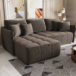 Narożnik z funkcją spania Oroso jasny brąz lewostronny miękka tkanina typu velvet z powłoką hydrofobową pojemnik na pościel