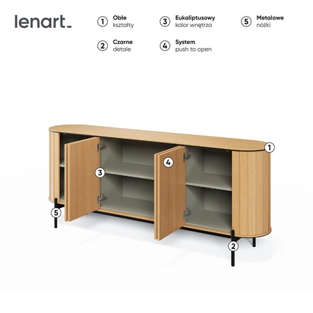 Komoda Rotto 200 cm dąb vincenza praktyczna i pojemna komoda osadzona na wysokich nogach oryginalna bryła z zaokrąglonymi krawędziami