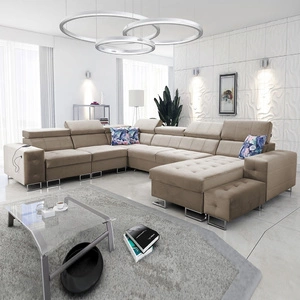 Narożnik z funkcją spania Hampton VIII beżowy prawostronny nowoczesny design narożnik rozkładany do salonu funkcjonalna dostawka