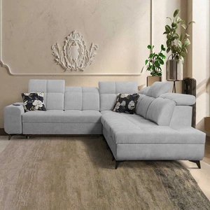 Narożnik z funkcją spania Buffalo IX szary popiel prawostronny stylowy narożnik do pokoju wykonany z welurowej tkaniny ozdobne poduszki