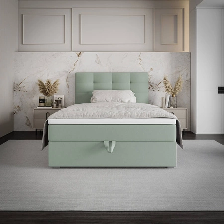 Łóżko kontynentalne Flint 120x200 miętowe w nowoczesnym skandynawskim stylu z tapicerowanym zagłówkiem łóżko z pojemnikiem