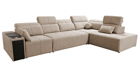 Narożnik z funkcją spania Tesalia XI zielony prawostronny nowoczesny narożnik z komfortowym przesuwanym oparciem i pojemną szufladą