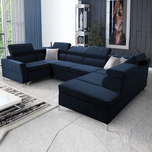 Narożnik z funkcją spania Rava V granatowy prawostronny komfortowy narożnik z pojemnikami na pościel oraz wielofunkcyjną lampką