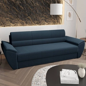 Kanapa rozkładana Fogu Bis niebieska stylowa sofa z komfortowymi podłokietnikami sztruksowa tkanina obiciowa pojemnik na pościel