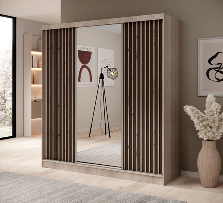 Szafa przesuwna z lustrem Ida 200 cm dąb sonoma jasny / czarny stylowe lamele zdobiące drzwi szafy wnętrze wyposażone w pojemne szuflady