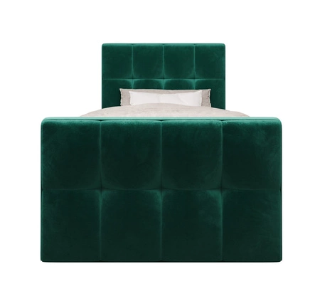 Łóżko kontynentalne Manhattan 90x200 butelkowa zieleń w nowoczesnym skandynawskim stylu z tapicerowanym zagłówkiem i zanóżkiem łóżko z pojemnikiem
