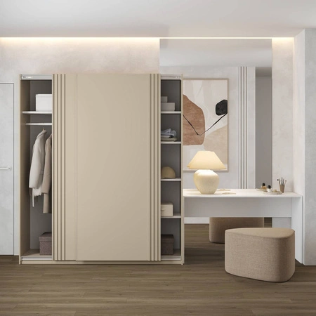 Szafa przesuwna Niva 180 cm beżowa pojemna szafa ozdobiona lamelami świetnie sprawdzi się w pomieszczeniach o każdej wielkości