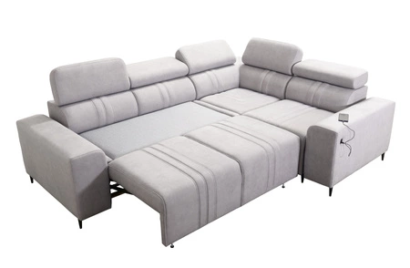 Narożnik z funkcją spania Castel II błękitny prawostronny komfortowy narożnik z regulowanymi zagłówkami pojemnik na pościel