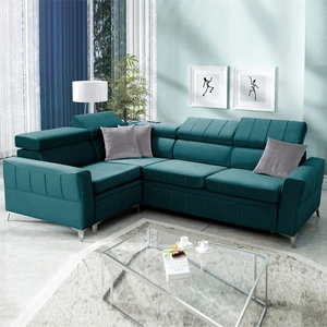 Narożnik z funkcją spania Rava II lazurowy lewostronny velvet komfortowy narożnik z pojemnikiem na pościel wielofunkcyjna lampka