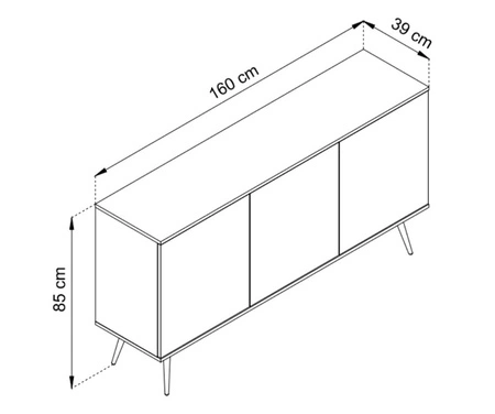 Komoda Luxury 160 cm czarna elegancki design korpus zwieńczony złotą listwą komoda wsparta na wysokich metalowych nogach