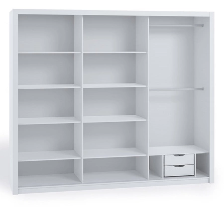 Szafa przesuwna z lustrem Rico 250 cm biała pojemna szafa do sypialni garderoby lub przedpokoju klasyczna forma o geometrycznych kształtach