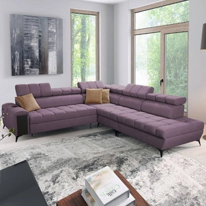 Narożnik z funkcją spania Bolmso IX fioletowy prawostronny komfortowy stylowy narożnik do salonu z szufladą pojemniki na pościel