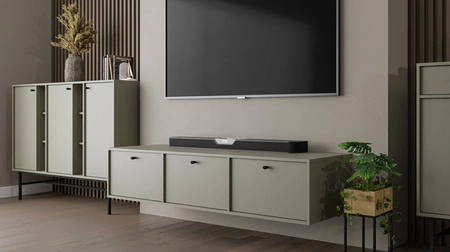 Szafka RTV wisząca Kioto IV 180 cm eukaliptus stylowy design podkreślony subtelną kolorystyką szafka z drzwiami otwieranymi do dołu