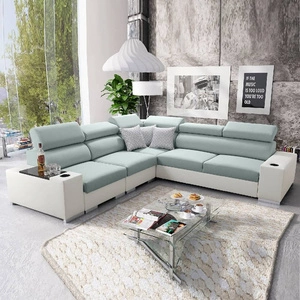 Narożnik z funkcją spania Provo III arktyczny błękit / biały lewostronny narożnik z pojemnikiem na pościel i regulowanymi zagłówkami