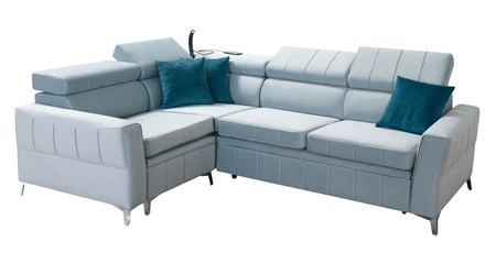 Narożnik z funkcją spania Rava II żółty lewostronny velvet komfortowy narożnik z pojemnikiem na pościel wielofunkcyjna lampka