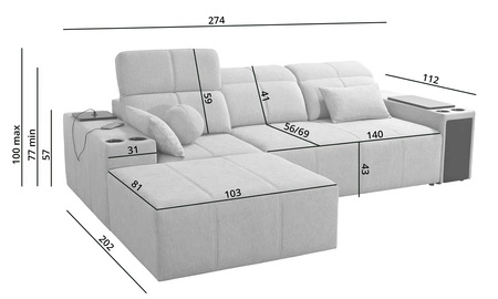 Narożnik z funkcją spania Tesalia szary lewostronny nowoczesny design komfortowe przesuwane oparcie szuflada w boczku mebla