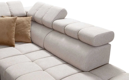 Narożnik z funkcją spania Bolmso VI musztardowy prawostronny wygodny narożnik z regulowanymi zagłówkami dekoracyjne pikowania na siedzisku