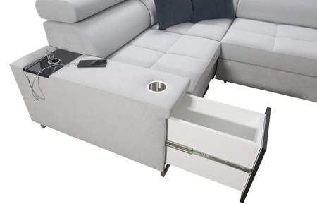 Narożnik z funkcją spania Dafni II jasny beż lewostronny velvet narożnik z pojemnikiem na pościel szuflada z pełnym wysuwem