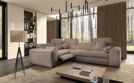 Narożnik z funkcją spania Viano II Lux jasny brąz lewostronny designerski narożnik do salonu z komfortowym wysuwanym podnóżkiem