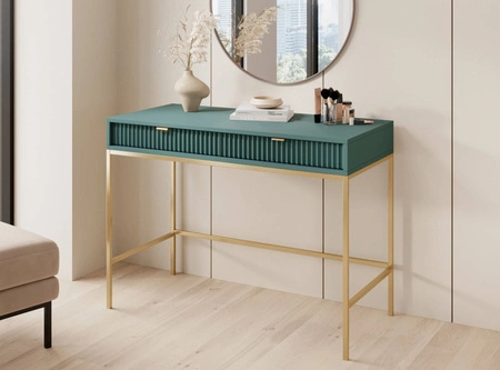Konsola Lovro pastelowy zielony z szufladami stylowy oraz funkcjonalny mebel do przedpokoju salonu czy biura stelaż w złotym kolorze