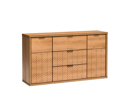 Komoda z szufladami Fonti 158 cm dąb karmel czarne uchwyty krawędziowe geometryczne kształty misterne zdobienie w postaci jodełki
