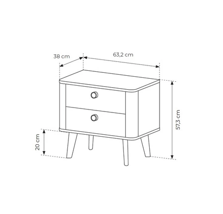 Szafka nocna Viki dąb barista nowoczesny design szafki do sypialni zaoblony kształt subtelne okrągłe uchwyty drewniane nogi
