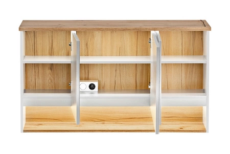 Szafka łazienkowa wisząca z lustrem Bahama 120 cm biały / dąb wotan pojemna szafka z półką oraz dyskretnym oświetleniem LED