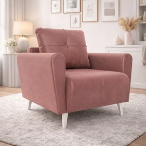 Fotel Felicie łososiowy elegancki fotel do salonu z obszernym i miękkim siedziskiem drewniane nóżki nadają wizualnej lekkości