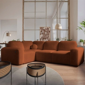 Narożnik z funkcją spania Arbon II ceglasty lewostronny stylowe wzornictwo charakterystyczny obły kształt pojemnik na pościel