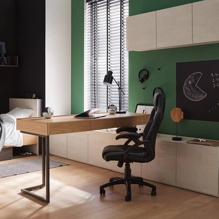 Biurko z nadstawką i szafką Teen Flex 239 cm hikora naturalna / silk flou / raw steel funkcjonalne biurko możliwość narożnego montażu