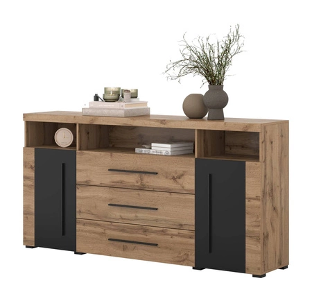 Komoda z szufladami Roger 182 cm dąb wotan / czarny elegancka stylistyka komody wzbogacona o stylowe czarne dodatki idealna do salonu sypialni