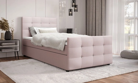 Łóżko kontynentalne Kansas 100x200 pudrowy róż w nowoczesnym skandynawskim stylu z tapicerowanym zagłówkiem oraz zanóżkiem