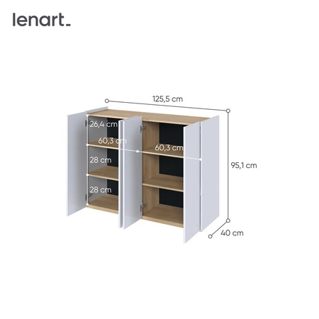 Komoda Easy 126 cm biały połysk / dąb scandi elegancka komoda z delikatnie obniżonym blatem doskonała do nowoczesnych wnętrz