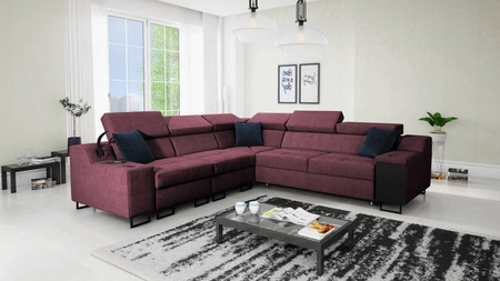 Narożnik z funkcją spania Alcamo III burgundowy lewostronny funkcjonalny narożnik z szufladą w boczku dwa pojemniki na pościel