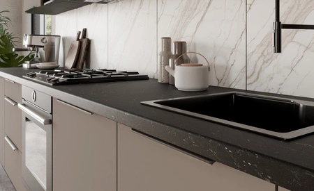 Zestaw mebli kuchennych Fiuggi Bl 390 cm stylowe szafki kuchenne z frontami wykonanymi w technologii anti fingerprint metalowe uchwyty