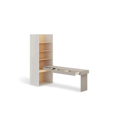 Biurko z regałem Woow 253 cm clay grey / szampański / dąb vincenza bielona prawe ergonomiczne biurko z szufladami oświetlenie LED