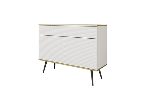 Komoda z szufladami Luxury 107 cm biała stylowa komoda z ryflowanymi frontami korpus zwieńczony złotą listwą czarne metalowe nogi