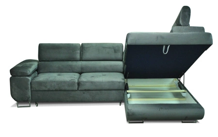 Narożnik z funkcją spania Ganta butelkowa zieleń prawostronny nowoczesna tkanina welurowa gwarantuje najwyższy komfort i funkcjonalność