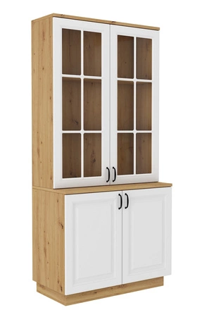 Kredens Scandi 100 cm dąb artisan / biały klasyczny design bezpieczne szkło hartowane stylowe frezowane fronty metalowe uchwyty