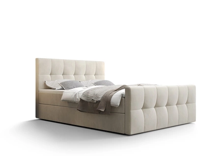 Łóżko kontynentalne Manhattan 160x200 beżowe w nowoczesnym skandynawskim stylu z tapicerowanym zagłówkiem i zanóżkiem