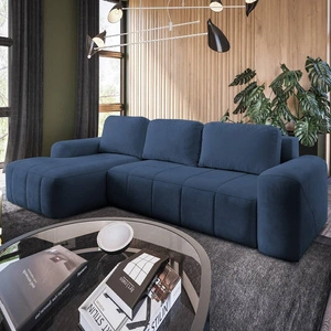 Narożnik z funkcją spania Bovec niebieski lewostronny stylowy narożnik rozkładany o ergonomicznym kształcie hydrofobowa tkanina