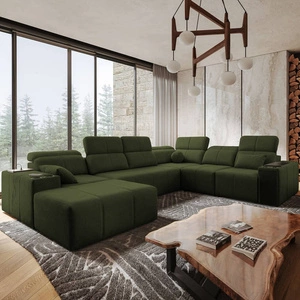 Narożnik z funkcją spania Tesalia VIII zielony lewostronny komfortowy narożnik do salonu z innowacyjną funkcją przesuwanego oparcia