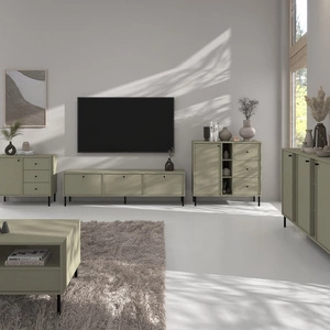 Zestaw mebli do salonu Kioto II eukaliptus stylowy design eleganckie meble wsparte na metalowych czarnych nogach subtelne uchwyty