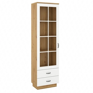 Witryna Scandi 60 cm dąb artisan / biały klasyczny design bezpieczne szkło hartowane witryna do salonu z szufladami