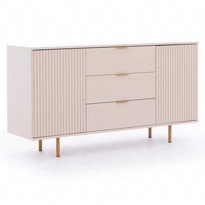 Komoda z szufladami Sula 150 cm beżowa elegancka i funkcjonalna komoda z ozdobnymi ryflowanymi frontami i metalowymi uchwytami