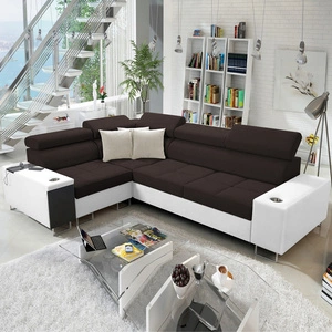 Narożnik z funkcją spania Dafni II brązowo biały lewostronny pleciony narożnik z pojemnikiem na pościel szuflada z pełnym wysuwem