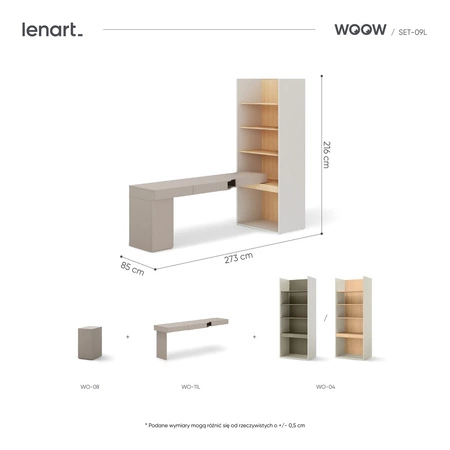 Zestaw mebli Woow clay grey / szampański / dąb vincenza bielona lewy praktyczny zestaw mebli dla nastolatka lub do aranżacji biura