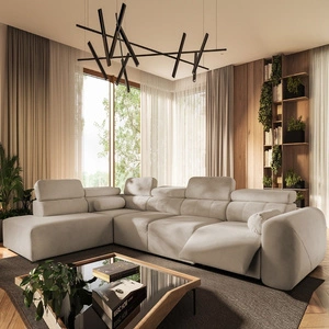 Narożnik z funkcją spania Cantare XI Lux beżowy lewostronny komfortowy narożnik do salonu z podnoszonym podnóżkiem miękka tkanina