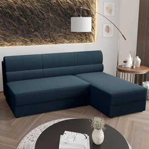Narożnik z funkcją spania Fogu niebieski prawostronny stylowy narożnik o prostym designie pokryty sztruksową tkaniną pojemnik na pościel